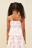 GY9379 Pink Girls Textured Floral Tie Detail Peplum Tank Back
