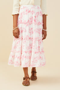 GY9382 Pink Girls Textured Floral Tiered Maxi Skirt Front