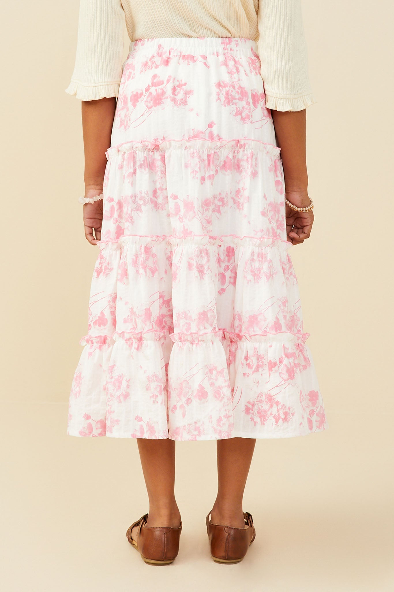 GY9382 Pink Girls Textured Floral Tiered Maxi Skirt Back
