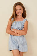 GY9383 Blue Girls Textured Gathered Waist Sheen Romper Front