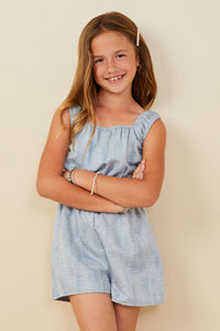 GY9383 Blue Girls Textured Gathered Waist Sheen Romper Front