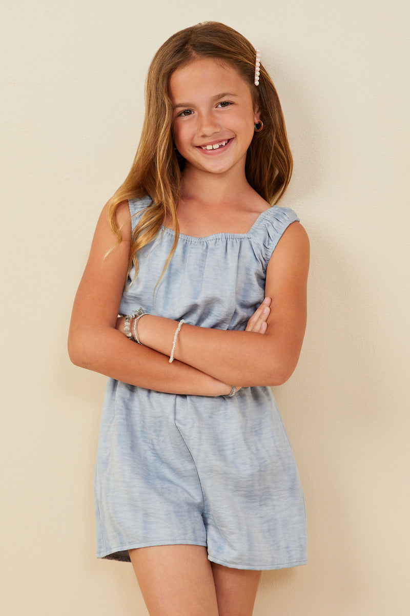 GY9383 Blue Girls Textured Gathered Waist Sheen Romper Front