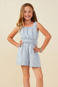 GY9383 Blue Girls Textured Gathered Waist Sheen Romper Pose