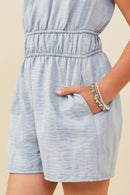 GY9383 Blue Girls Textured Gathered Waist Sheen Romper Detail