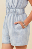 GY9383 Blue Girls Textured Gathered Waist Sheen Romper Detail