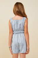 GY9383 Blue Girls Textured Gathered Waist Sheen Romper Back