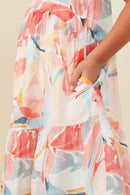 GY9389 Red Girls Large Floral Print V Neck Ruffle Sleeve Dress Detail