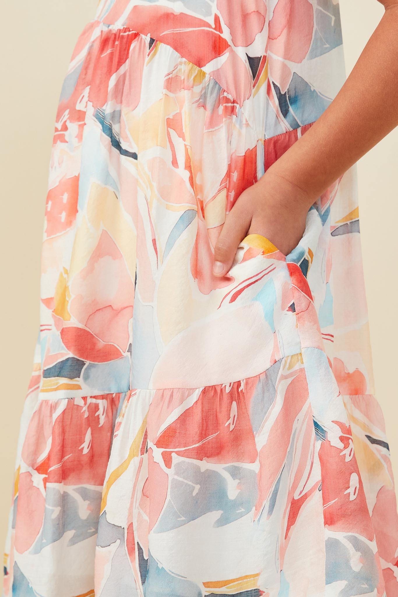 GY9389 Red Girls Large Floral Print V Neck Ruffle Sleeve Dress Detail