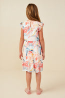 GY9389 Red Girls Large Floral Print V Neck Ruffle Sleeve Dress Back