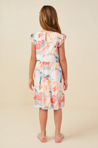 GY9389 Red Girls Large Floral Print V Neck Ruffle Sleeve Dress Back