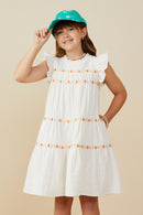 GY9394 Off White Girls Contrast Floral Lace Trim Ruffle Tank Dress Front