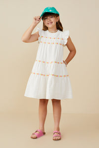 GY9394 Off White Girls Contrast Floral Lace Trim Ruffle Tank Dress Pose