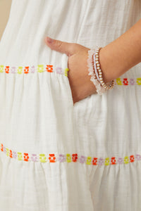 GY9394 Off White Girls Contrast Floral Lace Trim Ruffle Tank Dress Detail