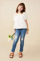 GY9402 Off White Girls Contrast Floral Lace Square Neck Textured Top Pose