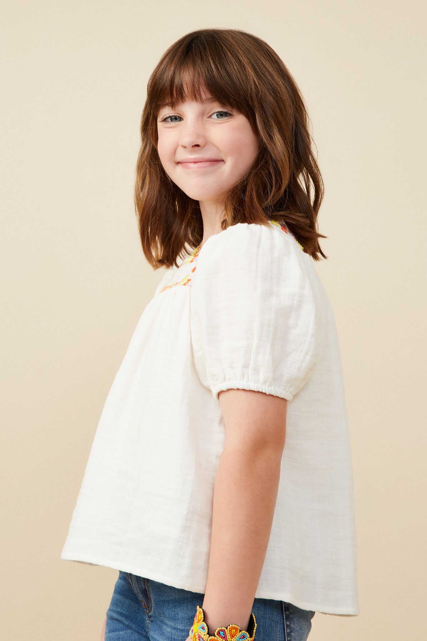 GY9402 Off White Girls Contrast Floral Lace Square Neck Textured Top Side