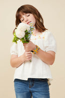 GY9402 Off White Girls Contrast Floral Lace Square Neck Textured Top Front 2