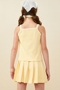 GY9404 Mustard Girls Crochet Knit Detail French Terry Tank Top Back