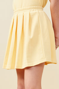 GY9405 Mustard Girls French Terry Elastic Waist Pleated Knit Skirt Side