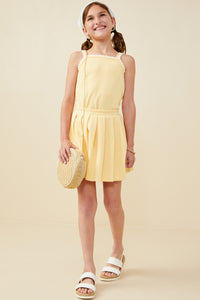 GY9405 Mustard Girls French Terry Elastic Waist Pleated Knit Skirt Pose