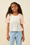 GY9406 Cream Girls Print And Color Block Gauze Babydoll Top Front