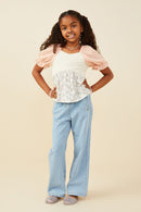 GY9406 Cream Girls Print And Color Block Gauze Babydoll Top Pose