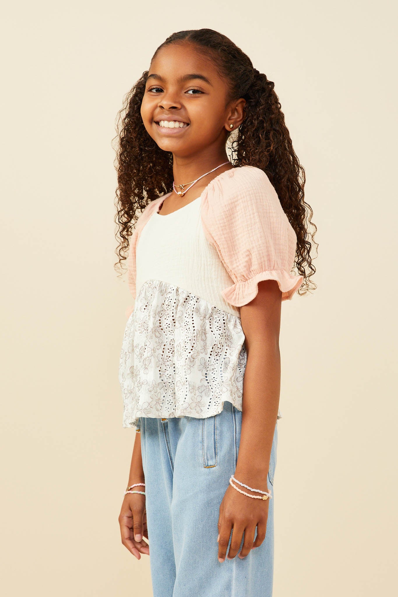 GY9406 Cream Girls Print And Color Block Gauze Babydoll Top Side