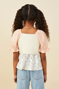 GY9406 Cream Girls Print And Color Block Gauze Babydoll Top Back