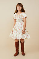 GY9415 Cream Girls Bow Detailed Smocked Textured Floral Dress Pose