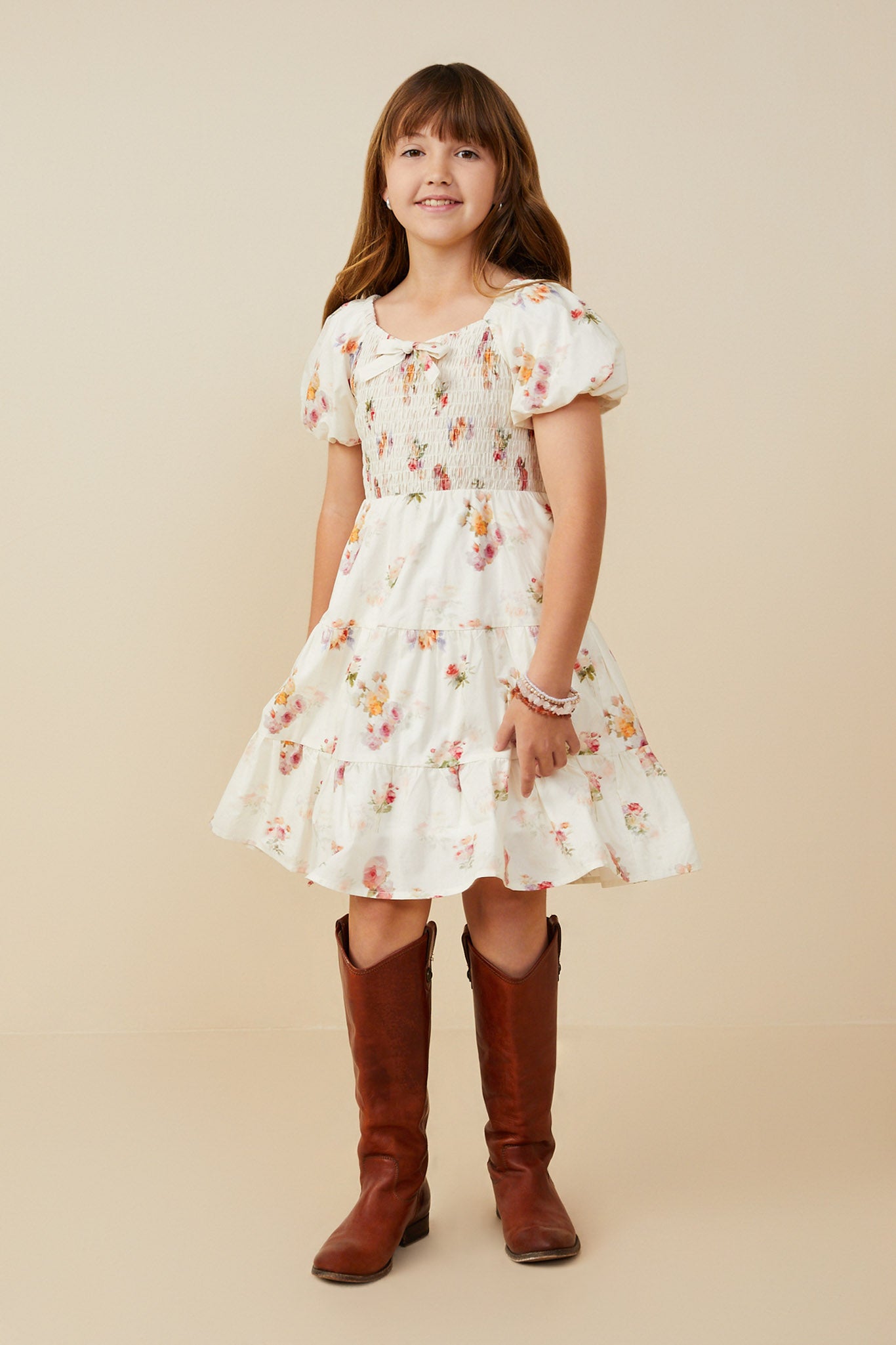 Bow Detailed Smocked Textured Floral Dress