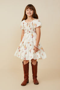 GY9415 Cream Girls Bow Detailed Smocked Textured Floral Dress Pose