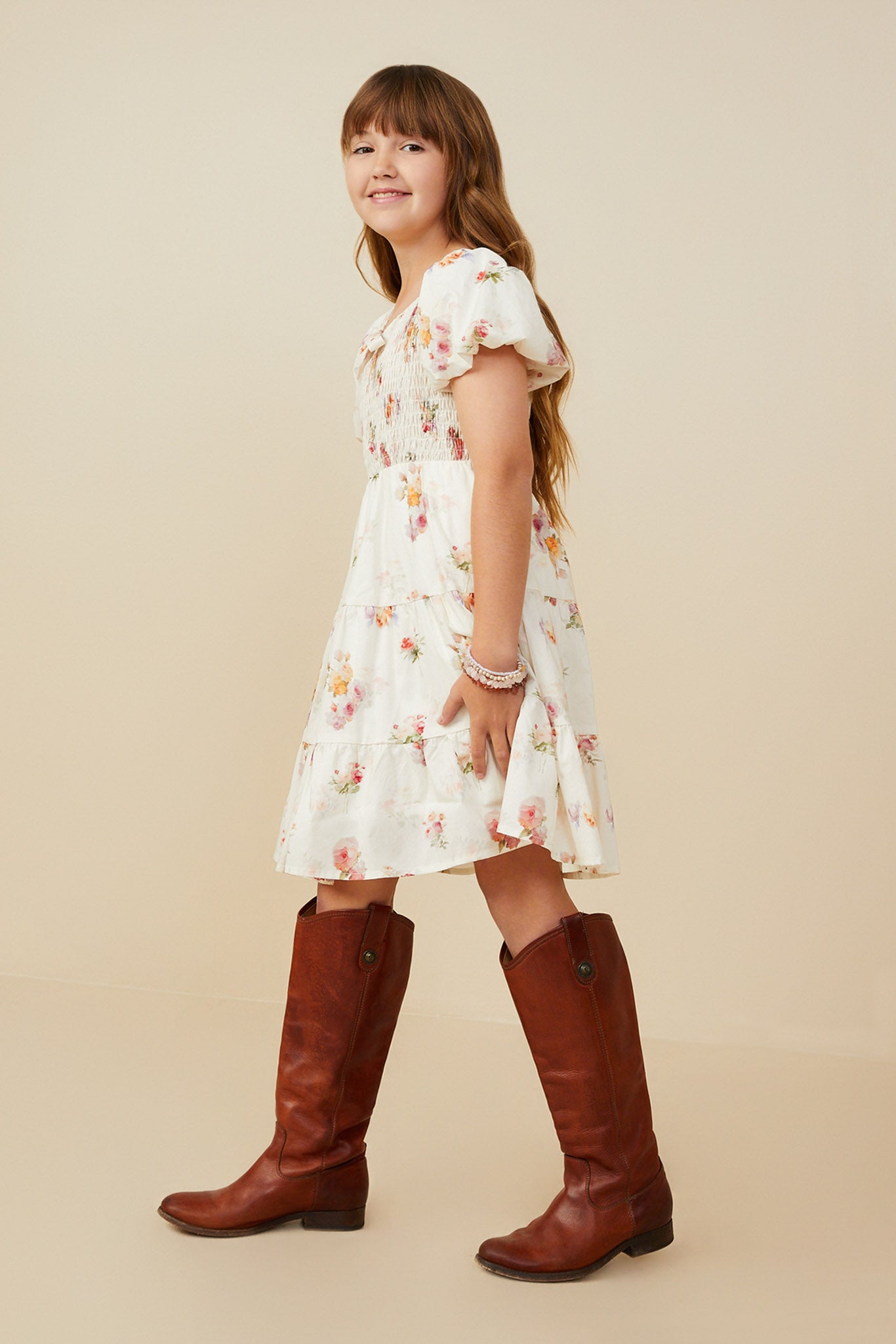 GY9415 Cream Girls Bow Detailed Smocked Textured Floral Dress Side