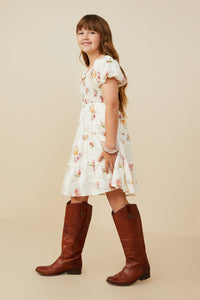 GY9415 Cream Girls Bow Detailed Smocked Textured Floral Dress Side