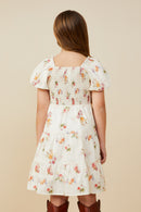 GY9415 Cream Girls Bow Detailed Smocked Textured Floral Dress Back