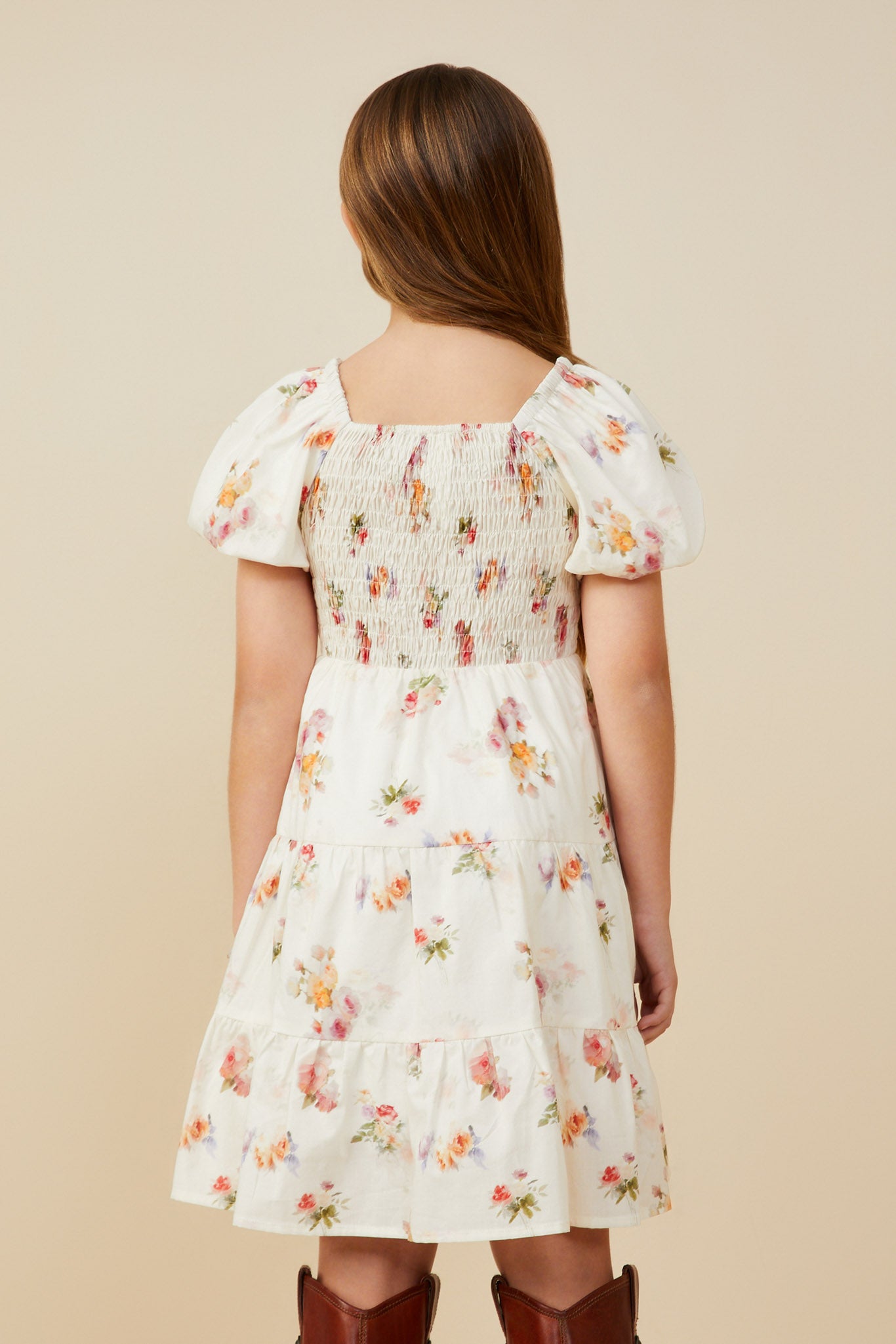 GY9415 Cream Girls Bow Detailed Smocked Textured Floral Dress Back