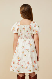 GY9415 Cream Girls Bow Detailed Smocked Textured Floral Dress Back