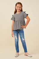 GY9419 Black Girls Contrast Ribbon Gingham Babydoll Top Pose