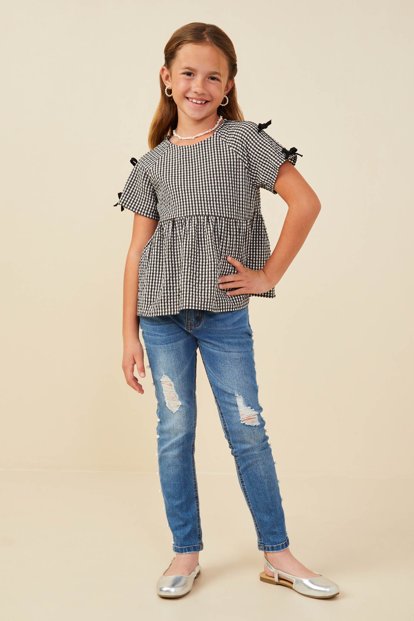 Contrast Ribbon Gingham Babydoll Top