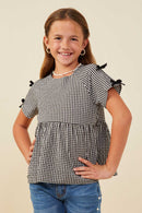 GY9419 Black Girls Contrast Ribbon Gingham Babydoll Top Front