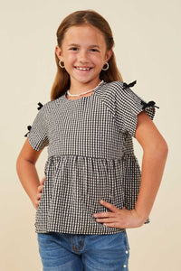 GY9419 Black Girls Contrast Ribbon Gingham Babydoll Top Front