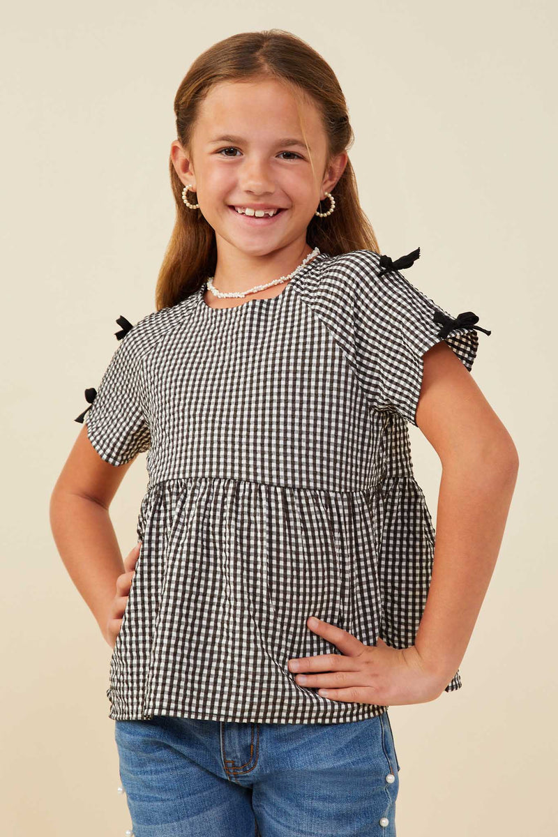 GY9419 Black Girls Contrast Ribbon Gingham Babydoll Top Front
