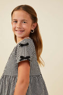 GY9419 Black Girls Contrast Ribbon Gingham Babydoll Top Side
