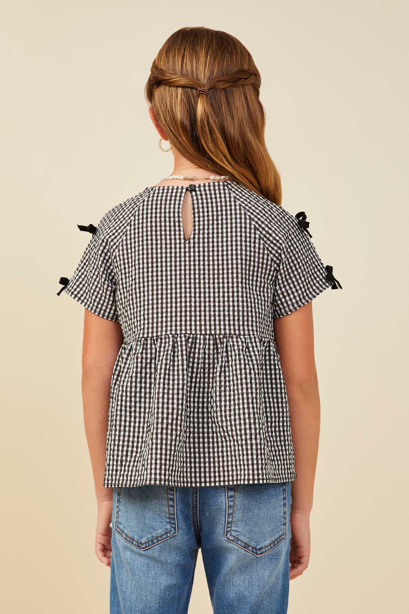 GY9419 Black Girls Contrast Ribbon Gingham Babydoll Top Back