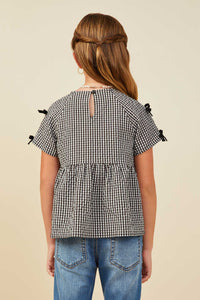 GY9419 Black Girls Contrast Ribbon Gingham Babydoll Top Back