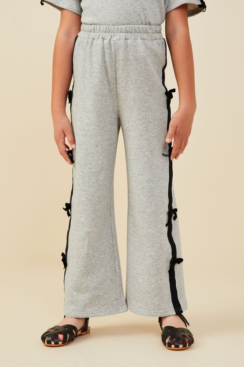 GY9421 Heather Grey Girls Bow Trim Side Stripe Terry Joggers Front