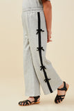 GY9421 Heather Grey Girls Bow Trim Side Stripe Terry Joggers Side