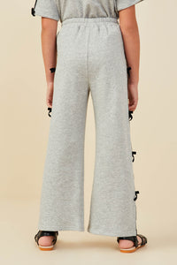 GY9421 Heather Grey Girls Bow Trim Side Stripe Terry Joggers Back