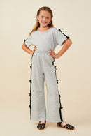GY9421 Heather Grey Girls Bow Trim Side Stripe Terry Joggers Pose