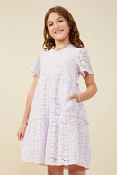 GY9425 Lavender Girls Ruffle V Neck Tiered Floral Lace Dress Front