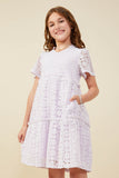 GY9425 Lavender Girls Ruffle V Neck Tiered Floral Lace Dress Front