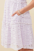 GY9425 Lavender Girls Ruffle V Neck Tiered Floral Lace Dress Detail